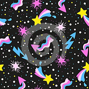 Hand drawn vector seamless pattern of neon stars and meteorites on black night sky. Stylized other space in neon pink photo