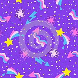Hand drawn vector seamless pattern of neon stars and meteorites on night sky. Stylized other space in neon pink and photo