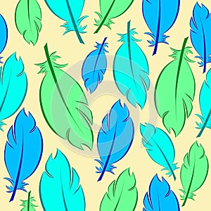 Hand drawn vector seamless pattern with painted bird feathers. Titled background