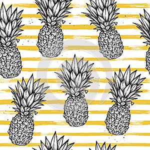 Hand drawn vector seamless pattern - Pineapple with striped back