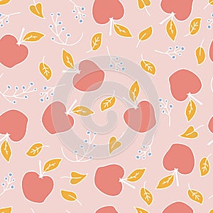 Hand drawn vector seamless pattern of red ripe apples, leaves and berries.