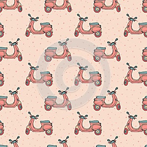 Hand drawn vector seamless pattern with retro scooters on the pi
