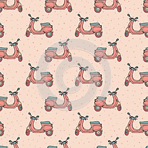 Hand drawn vector seamless pattern with retro scooters on the pi