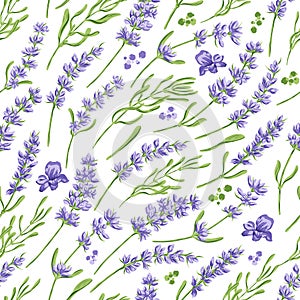 Hand drawn vector seamless pattern in retro style with violet lavender flowers and leaves