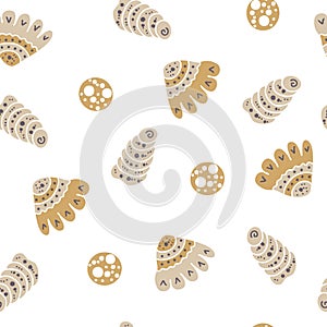 Hand drawn vector seamless pattern of seashells on a white background.