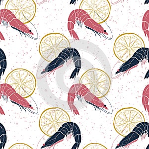 Hand drawn vector seamless pattern with shrimp and lemon slices isolated on white background with bubbles. Illustration for menu