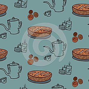 Hand drawn vector seamless pattern of tea pot, roll bun, candles and apple pie.