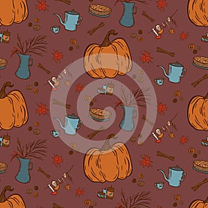 Hand drawn vector seamless vintage pattern of autumn attributes