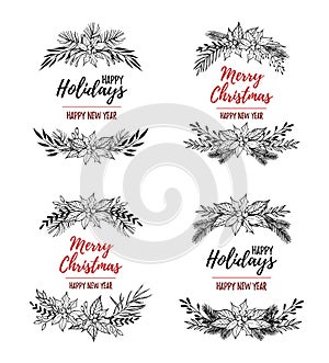 Hand drawn vector set of Christmas wreaths .Christmas design ele