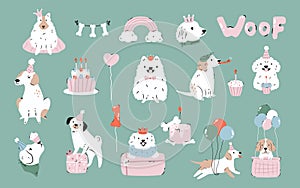 Hand drawn vector set of cute, funny dogs and Birthday balloons, boxes, decorations, garlands