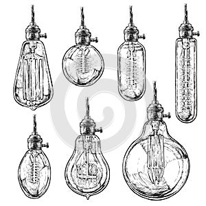 Hand drawn vector set of different geometric Edison loft lamps. Vintage light bulbs. Edison lamp with modern chandelier