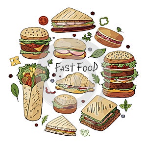 Hand drawn vector set of different types of burgers, sandwiches and hot dogs