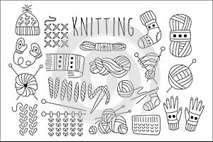 Hand drawn vector set of icons for knitting related theme. Yarn, stitch, needles, knitted clothing. Graphic elements for