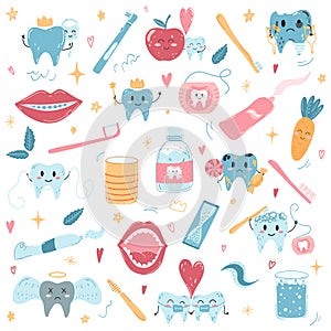 Hand drawn vector set of kawaii teeth characters and oral care products in cartoon flat style. Toothbrushes, toothpaste