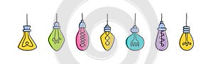 Hand drawn vector set of Light Bulbs. Collection of color loft lamps in doodle style.