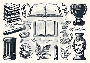 Hand-drawn vector set of literature elements in engraving style, including inkwell, writing tools, books, ancient manuscripts,