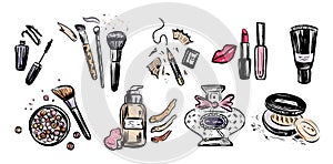 Hand drawn vector set of make up artist objects. Cosmetics concept with powder, lipstick, blush, brushes, tone cream