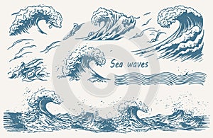 Hand-drawn vector set of ocean waves, including storm waves, tides, and beach waves, in a vintage sketch style