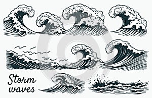 Hand-drawn vector set of ocean waves, including storm waves, tides, and beach waves, in a vintage sketch style