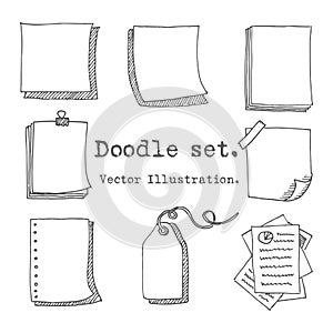 Hand drawn vector set of paper sheet, pack of paper, tag, sticky note, notepad page with pin, scotch tape and paperclip. Doodle st