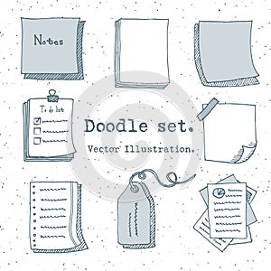 Hand drawn vector set of paper sheet, pack of paper, tag, sticky note, notepad page with pin, scotch tape and paperclip. Doodle st