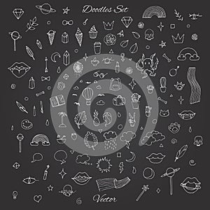 Hand drawn vector set of random doodles with rainbows, lips, planets, skulls, plants and more. Chalk line art on the blackboard b