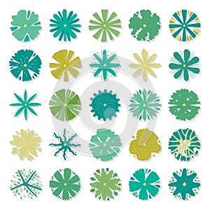 Hand drawn vector set of top view trees