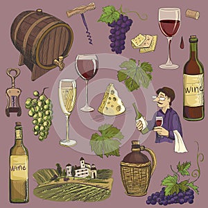 Hand drawn vector set - wine and winemaking