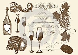 Hand drawn vector set wine and winemaking elements