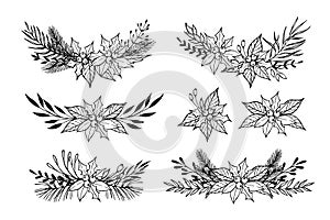 Hand drawn vector set of winter wreaths laurel, leaf, holly, f