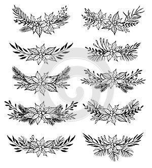 Hand drawn vector set of winter wreaths laurel, leaf, holly, f