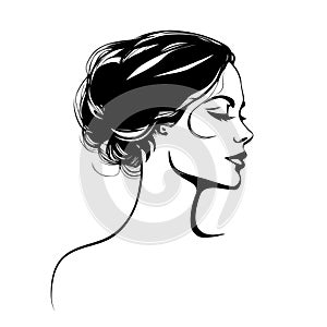 Hand drawn vector silhouette of a beautiful young woman portrait with a stylish haircut is perfect for fashion, beauty, and spa