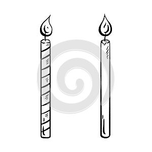 Hand-drawn vector sketch of a birthday candle set, including lit candles with flames. Make a wish. Perfect for birthdays