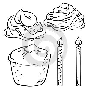 Hand-drawn vector sketch. Birthday muffin builder. Sponge base, cream swirls on top. Add festivity with candles. Make a wish and