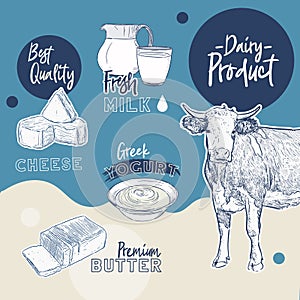 Hand drawn vector sketch Dairy products set - Vector