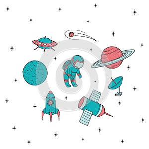 Hand drawn vector space elements: cosmonaut, satelites, rocket,