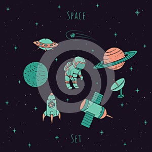 Hand drawn vector space elements: cosmonaut, satelites, rocket