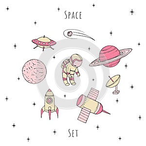 Hand drawn vector space elements: cosmonaut, satelites, rocket,Hand drawn vector space elements: cosmonaut, satelites