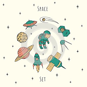 Hand drawn vector space elements: cosmonaut, satelites, rocket,Hand drawn vector space elements: cosmonaut, satelites, rocket