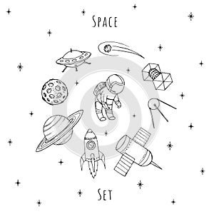 Hand drawn vector space elements: cosmonaut, satelites, rocket, planet, moon, falling star and UFO.