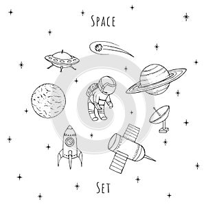 Hand drawn vector space elements: cosmonaut, satelites, rocket, planets, falling star and UFO. Cosmos set