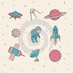 Hand drawn vector space elements: cosmonaut, satellites, rocket, planets, moon and UFO.