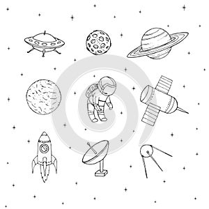 Hand drawn vector space elements outline: cosmonaut, satellites,