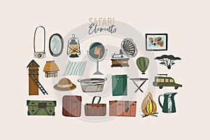 Hand drawn vector stock abstract flat graphic illustration African Safari collection set,with travel journey elements