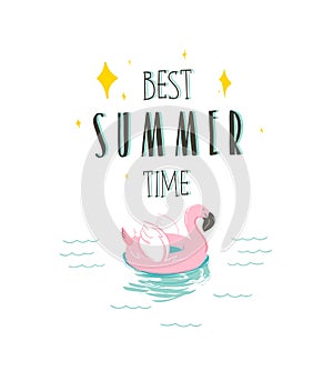 Hand drawn vector stock abstract graphic illustration with a flamingo swimming rubber float ring and Best summer time