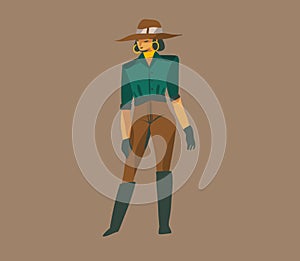 Hand drawn vector stock abstract graphic illustration with a girl in hat on a wild safari isolated on background