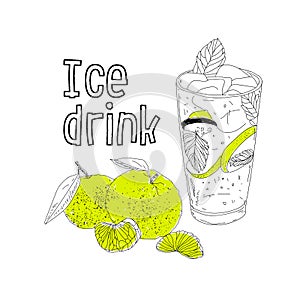 Hand drawn vector summer ice drink with cittrus. Lemon and mint. Detox water sketch. Linear illustration. - Vector