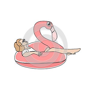 A hand-drawn vector summer illustration is a postcard with a girl sitting in a circle with a flamingo. A summer colorful