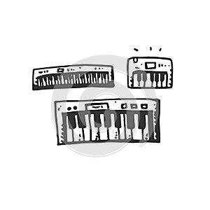 Hand Drawn Vector synthesizer piano Keyboard icons isolated on white background. symbols