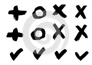 Hand drawn vector tick, cross, plus and zero signs. Freehand, isolated